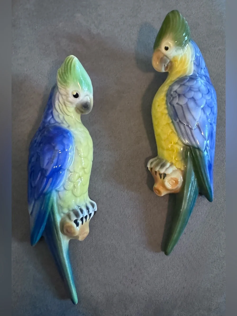 Pair of Vintage Hand-Painted Ceramic Parrot Wall Vases — Blue, Yellow & Green
